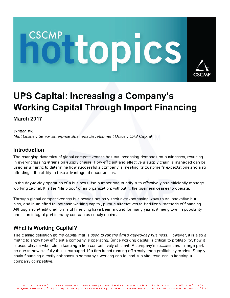 UPS Capital: Increasing Working Capital Through Import